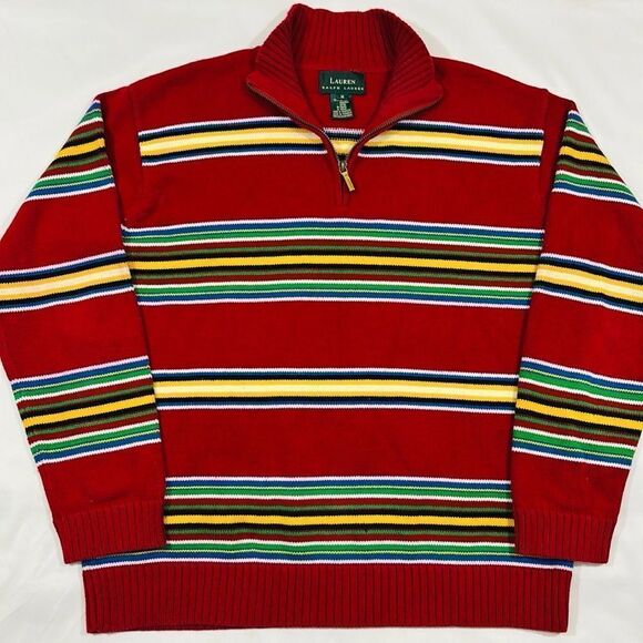 Ralph Lauren Striped Multi Colored Quarter Zip Turtle Neck Sweater - Picture 2 of 10